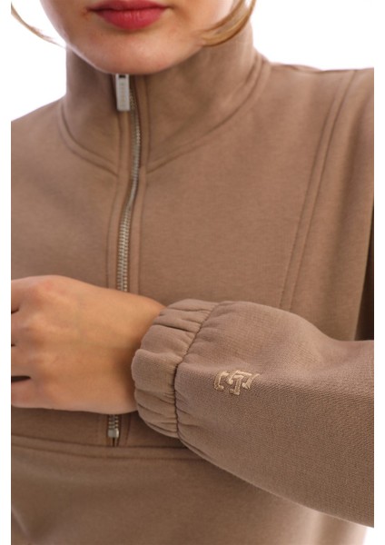 Kahve Dik Yaka Fermuarlı Sweatshirt Kadın Eşofman Takım indirimleri