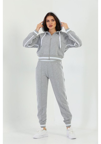 Kapüşonlu Sweatshirt Ikili Kadın Takım Gri Melanj modelleri