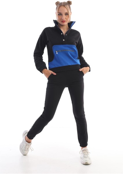 Dik Yaka Çıt Çıtlı Sweatshirt Kadın Eşofman Takım Siyah-Garni Saks