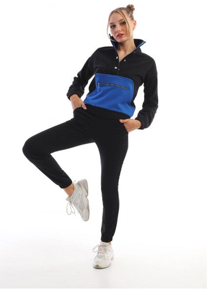 Dik Yaka Çıt Çıtlı Sweatshirt Kadın Eşofman Takım Siyah-Garni Saks fiyatları