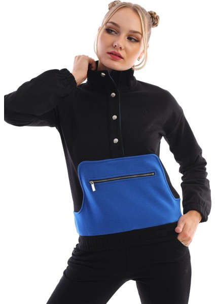 Dik Yaka Çıt Çıtlı Sweatshirt Kadın Eşofman Takım Siyah-Garni Saks modelleri