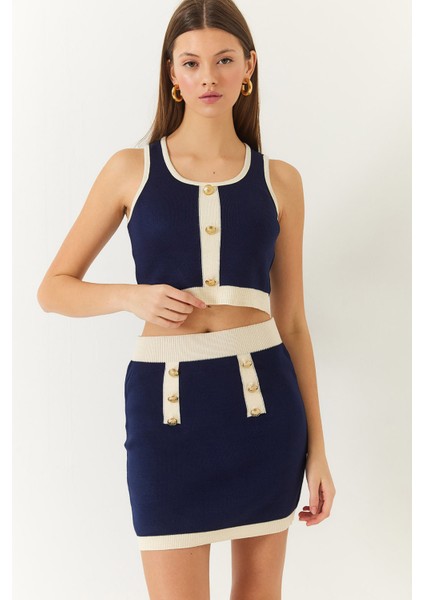 Kadın Düğme Detaylı Askılı Mini Etekli Alt-Üst Takım
