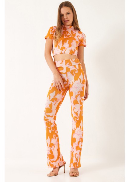 Kadın Yarım Balıkçı Yaka Kısa Kollu Crop Beli Lastikli Pantolonlu Alt-Üst Takım