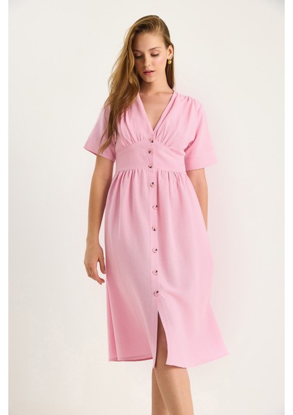 Kadın V Yaka Bel Detaylı Düğmeli Kısa Kollu Viskon Keten Elbise fiyatları