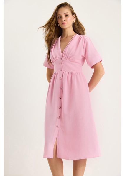 Kadın V Yaka Bel Detaylı Düğmeli Kısa Kollu Viskon Keten Elbise modelleri