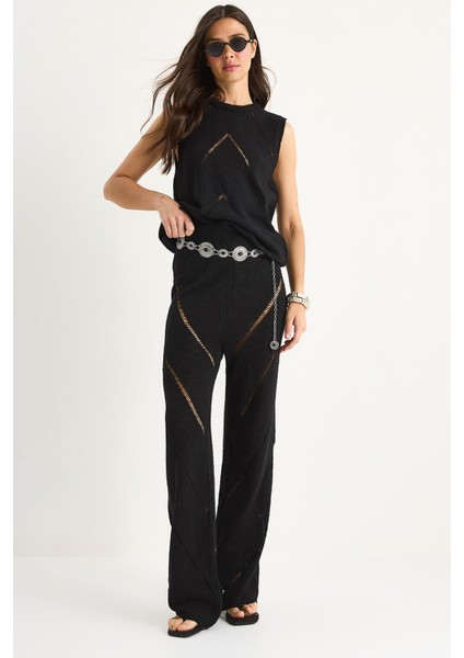 Kadın Kalın Askılı Bluz Bol Pantolonlu Ince Yazlık Triko Alt-Üst Takım