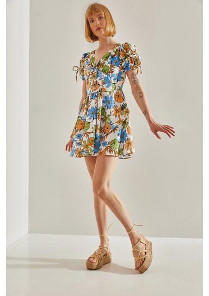 Kadın Emprime Vatkalı Anvelop Detaylı Çiçek Desenli Elbise