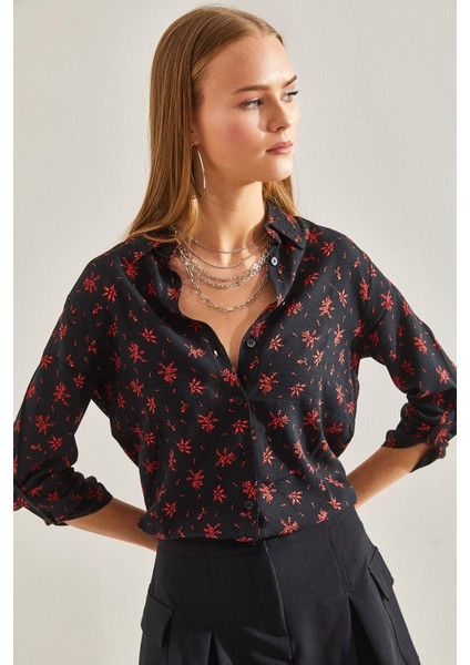 Kadın Kol Katlamalı Desenli Viskon Gömlek