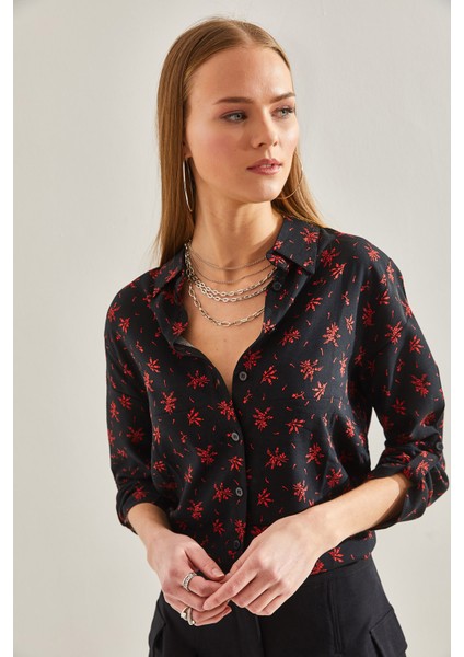 Kadın Kol Katlamalı Desenli Viskon Gömlek modelleri