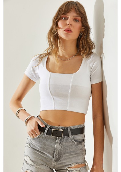 Kadın Kare Yaka Dikiş Detaylı Kısa Kollu Crop T-Shirt
