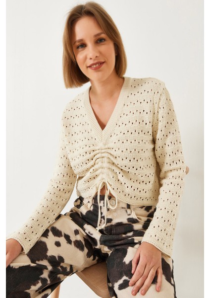 Kadın Önü Büzgülü Triko Kazak