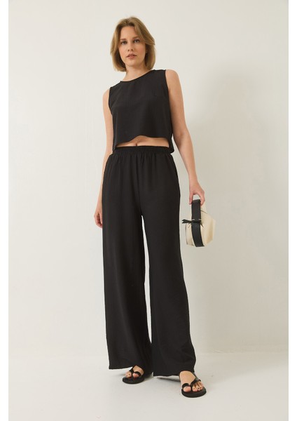 Kadın Bağlama Detaylı Yelekli Yüksek Bel Pantolonlu Yazlık Alt-Üst Takım