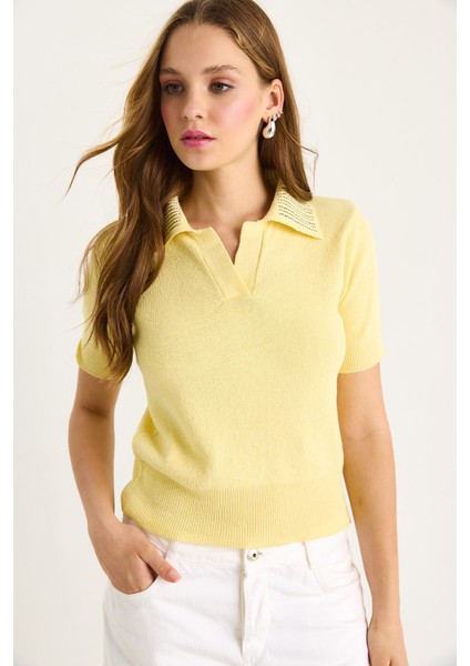 Kadın Polo Yaka Taş Detaylı Yazlık Triko Bluz fiyatları