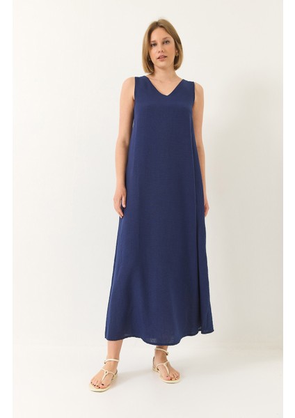 Kadın V Yaka Kalın Askılı Uzun Keten Elbise fiyatları