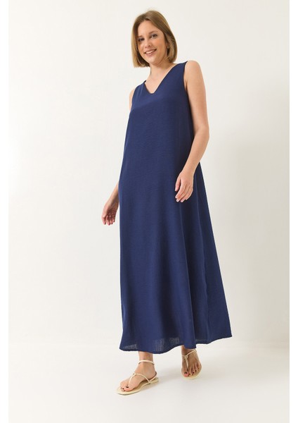 Kadın V Yaka Kalın Askılı Uzun Keten Elbise modelleri