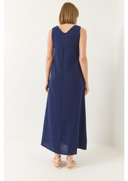 Kadın V Yaka Kalın Askılı Uzun Keten Elbise indirimleri