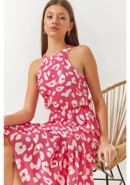 Kadın Halter Yaka Beli Lastikli Katlı Viskon Elbise