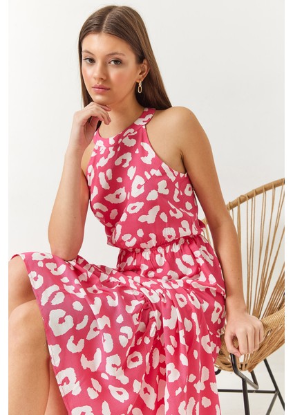 Kadın Halter Yaka Beli Lastikli Katlı Viskon Elbise fiyatları