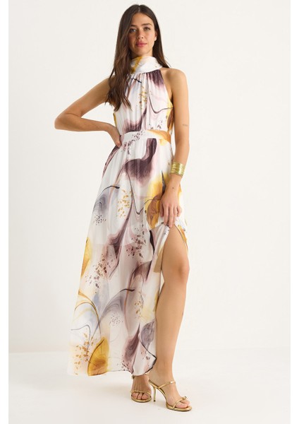 Kadın Halter Yaka Desenli Yırtmaç Detaylı Astarlı Şifon Elbise