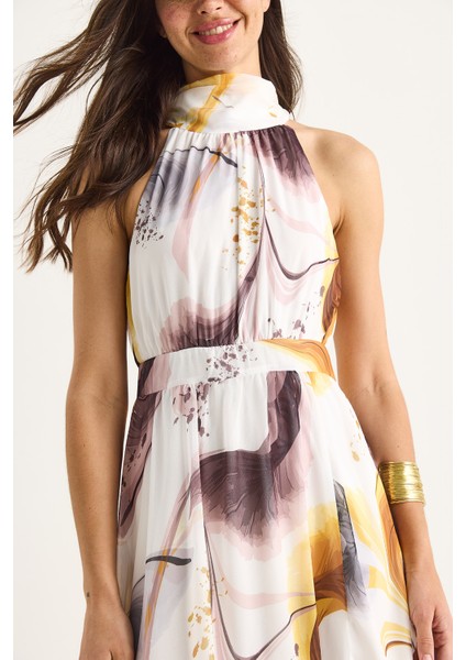 Kadın Halter Yaka Desenli Yırtmaç Detaylı Astarlı Şifon Elbise modelleri