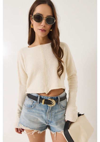 Kadın Kayık Yaka Uzun Kollu Basic Crop Bluz