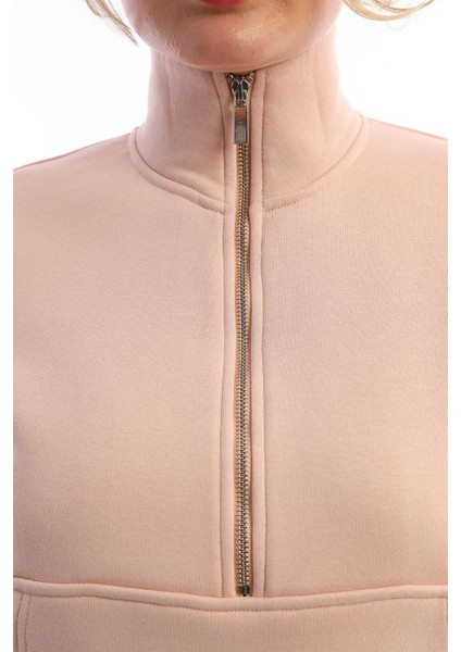Fermuarlı Dik Yaka Kadın Sweatshirt Pudra modelleri