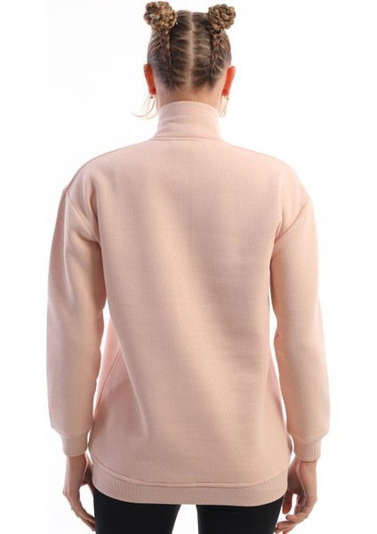 Fermuarlı Dik Yaka Kadın Sweatshirt Pudra fırsatları