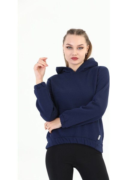 Kapüşonlu Kanguru Cepli Basic Lacivert Kadın Sweatshirt