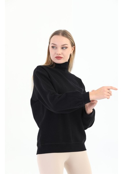 Siyah Organik Kadın Sweatshirt Balıkçı Yaka