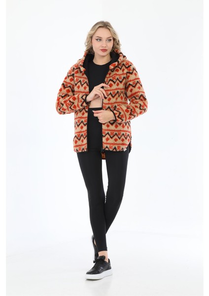 Uzun Kollu Fermuarlı Kapüşonlu Regular Peluş Sweatshirt