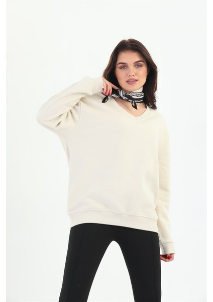 Bej Organik Kadın Sweatshirt Oversize V-Yaka