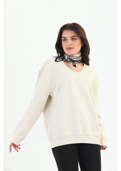 Bej Organik Kadın Sweatshirt Oversize V-Yaka fiyatları