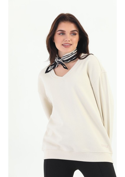 Bej Organik Kadın Sweatshirt Oversize V-Yaka modelleri