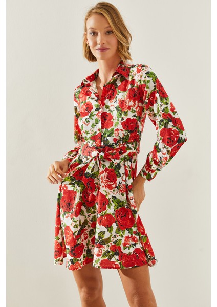 Kadın Gömlek Yaka Kemerli Çiçek Desenli Mini Elbise