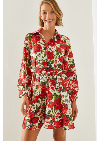 Kadın Gömlek Yaka Kemerli Çiçek Desenli Mini Elbise fiyatları