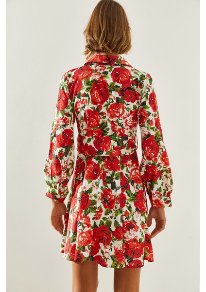 Kadın Gömlek Yaka Kemerli Çiçek Desenli Mini Elbise modelleri