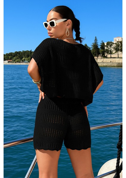 Kadın Kayık Yaka Ajurlu Örgü Triko Alt-Üst Takım