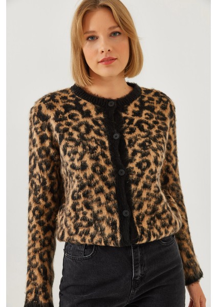 Kadın Leopar Desenli Şardonlu Hırka