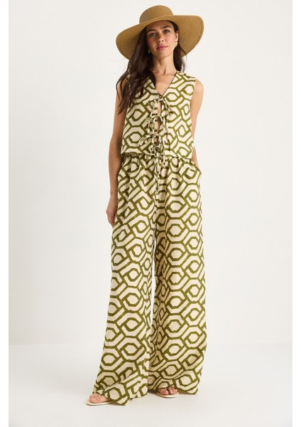 Kadın Bağlama Detaylı Bluz Desenli Viskon Alt-Üst Takım -