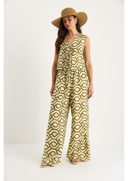 Kadın Bağlama Detaylı Bluz Desenli Viskon Alt-Üst Takım - modelleri