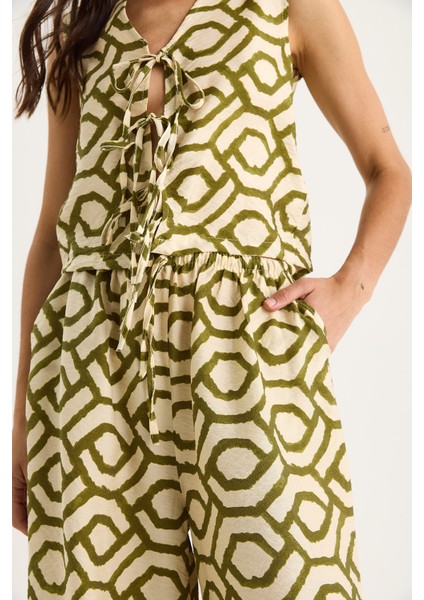 Kadın Bağlama Detaylı Bluz Desenli Viskon Alt-Üst Takım - fırsatları