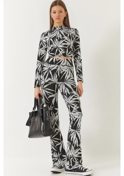 Kadın Yarım Balıkçı Yaka Uzun Kollu Crop Beli Lastikli Pantolonlu Alt-Üst Takım