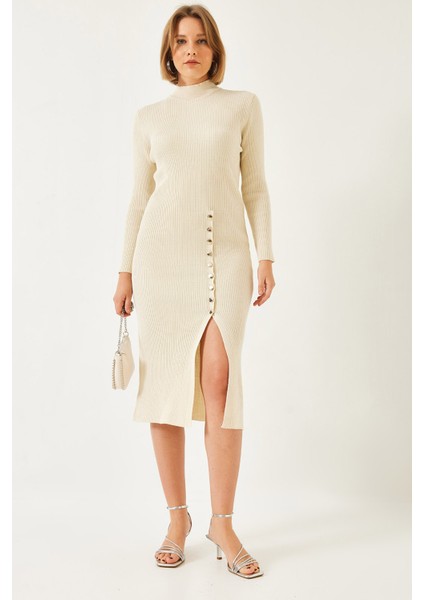 Kadın Fitilli Düğmeli Triko Elbise