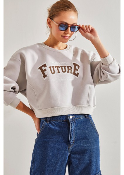 Kadın Baskılı Üç Iplik Şardonlu Sweatshirt