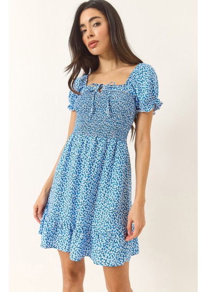 Kadın Papatya Desenli Karpuz Kollu Giperli Mini Viskon Elbise