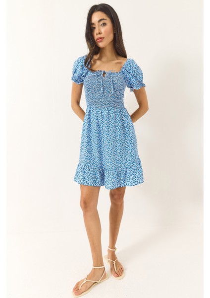 Kadın Papatya Desenli Karpuz Kollu Giperli Mini Viskon Elbise fiyatları