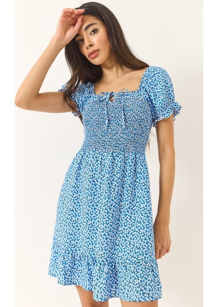 Kadın Papatya Desenli Karpuz Kollu Giperli Mini Viskon Elbise modelleri