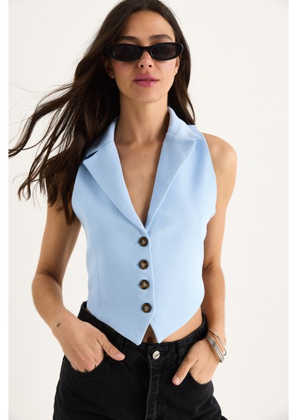 Kadın Şal Yaka Sırt Bağlama Detaylı Tasarım Yelek