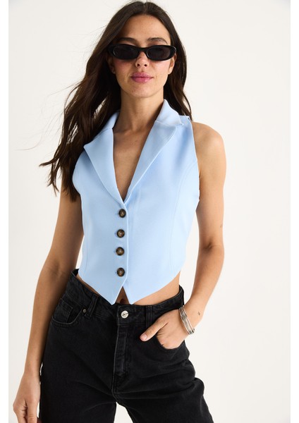 Kadın Şal Yaka Sırt Bağlama Detaylı Tasarım Yelek modelleri