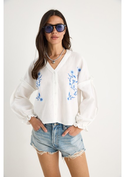 Kadın V Yaka Nakışlı Kolları Lastikli Yazlık Müslin Gömlek G- fiyatları